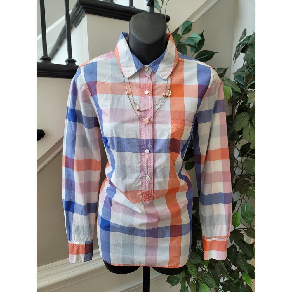 J.Crew Blouse Women's Size 2 Blue Orange Plaid Button Up Long Sleeve Shirt